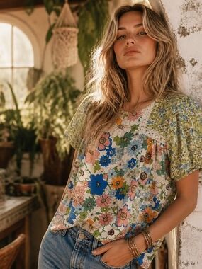 Floral Patchwork Short Sleeve Top - Multi